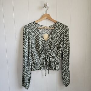 REWIND Sage Floral Tie-Front Blouse